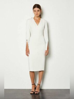 NWT- Karen Millen White V-Neck Midi Sheath Dress W/Split Cuffs Gold Buttons US10